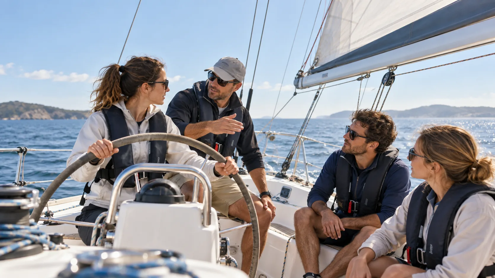 AI illustration: Instructor and learners practising aboard a sailing yacht
